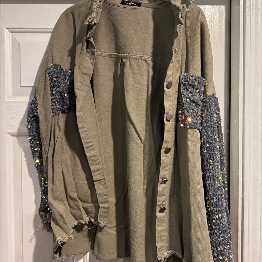 chicme Olive Green Sequin Sleeve shacket